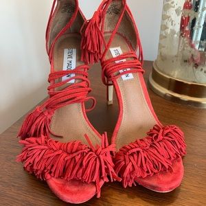 Red Fringe ankle lace up stilettos, VG condition.